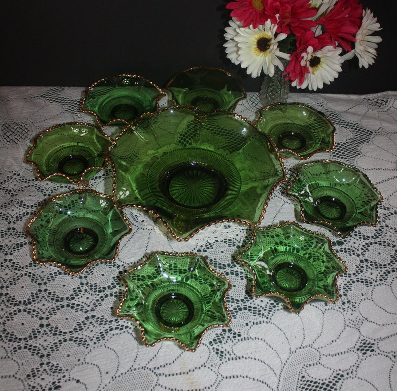 Vintage EAPGUS Glass Green Colorado Pattern 9 Piece Footed Berry Bowl Set with Gold Accents