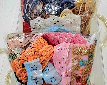 Lace Fabric Scraps Grab Bag: Beaded Embroidered Trim, Satin Ribbon slow stitch