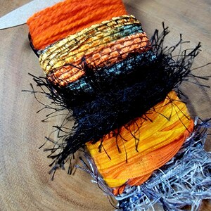 Halloween mini Fiber Art Yarn Sampler. Mixed Textiles Yarn eyelash chenille fringe trims. Journal collage mixed media scrapbooking crafting