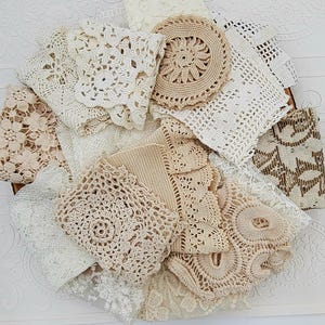 Beige neutrals vintage fabric and lace bundle. Antique neutrals textiles scrap bag. Slow stitch collage journal crafts