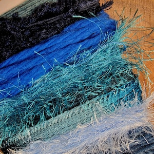 Blues Fiber Art Yarn Bundle. 21 yards 7x3. Royal blue navy indigo teal sapphire shimmer eyelash  ribbon Luxury yarn sampler