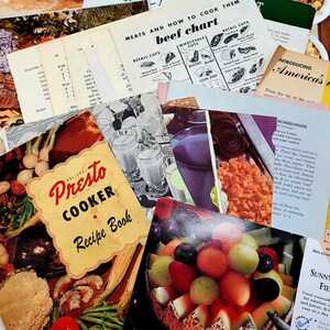 35 Piece Vintage Cookbook Pack recipes, vintage cooking photos, book covers. cooking illustrations, recipes