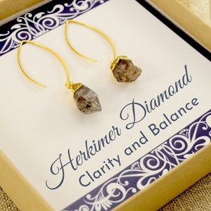 Raw Herkimer Diamond Earrings: Gold Plated Sterling Silver, April Birthstone