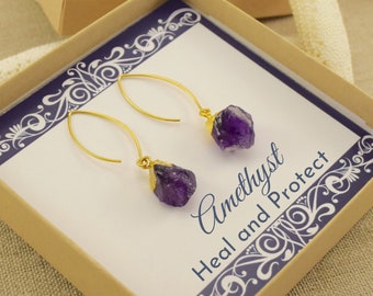 Boucles d’oreilles Raw Amethyst, Boucles d’oreilles Raw Birthstone, Cadeau d’anniversaire de février, Boucles d’oreilles Raw Gemstone, Boucles d’oreilles Dangle, Boucles d’oreilles en pierre de naissance février