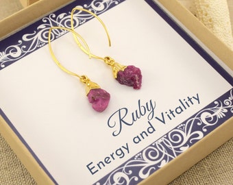 Brincos de Rubi Bruto, Prata de Lei Dourada, Pedra do Mês de Julho