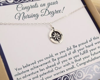 Sterling Silver Compass Necklace, Nurse Graduation Gift