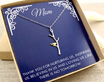 Collier branche et oiseau en argent sterling, cadeau pour maman