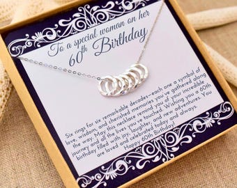 Sterling Silver 6 Ring Necklace, 60th Birthday Gift