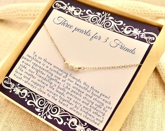 Three Pearl Friendship Necklace: Sterling Silver or Gold Filled