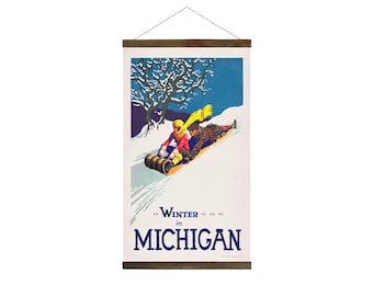 Frame Included! 36"x20", Winter in Michigan Sledding Travel Poster - Rip-proof material - FREE SHIPPING