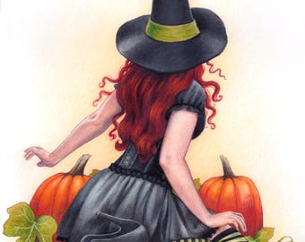 Pumpkin Witch Art Print: Autumn Halloween Witchy Decor by Brynn Elizabeth