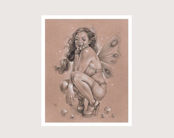 Mushroom Faery Pinup - Art Print - Fantasy Pinup Drawing Art by Brynn Elizabeth