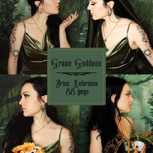 May include: A composite image featuring a woman in a green velvet dress, with long dark hair and a tattoo on her arm. The image includes the text "Green Goddess" and "Artist Reference 88 jpegs". The background has a forest theme.