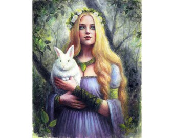 Ostara - Art Print - Spring Equinox Fae Faery Fairy Bunny Fantasy Woodland Art by Brynn Elizabeth