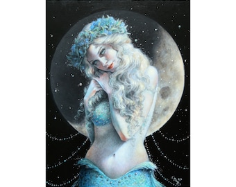 Moonchild - Art Print -  Fantasy Mermaid Mermay Moon Goddess Illustration by Brynn Elizabeth