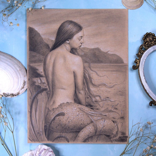 On the Shore - Original Drawing - Mermaid Mermay Fantasy Art Drawing by Brynn Elizabeth Barrietua