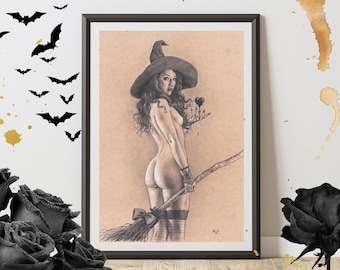 Black Heart - Art Print - Halloween Witch Pinup Boudoir Fantasy Art by Brynn Elizabeth