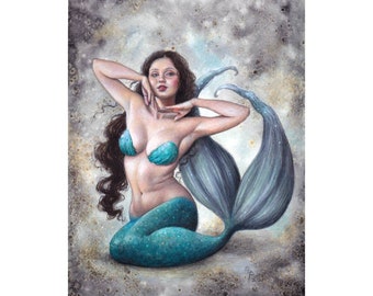 Teal Mermaid Pinup - Art Print - Cute Fantasy Summertime Mermaid Faery Art by Brynn Elizabeth