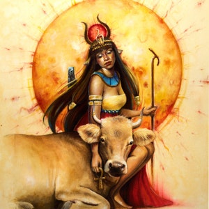 May include: A painting of a woman with dark hair and a golden crown, wearing a red dress and holding a staff. She is sitting on a brown cow with a golden cross around its neck. The background is a yellow sun with red rays.