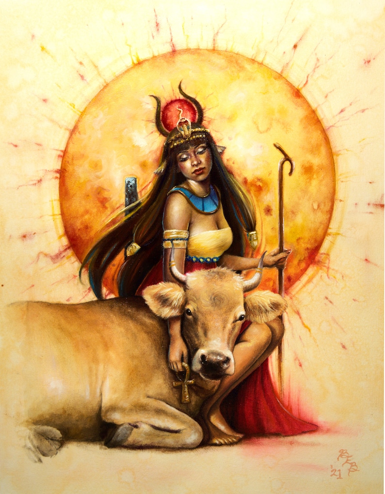 May include: A painting of a woman with dark hair and a golden crown, wearing a red dress and holding a staff. She is sitting on a brown cow with a golden cross around its neck. The background is a yellow sun with red rays.