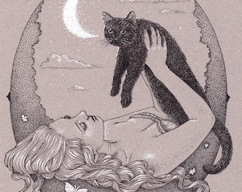 Gothic Cat Art Print - Dreamy Fairytale Black Cat Ink Drawing by Brynn Elizabeth