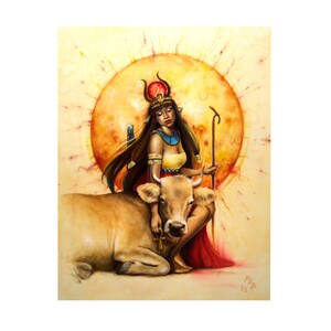 May include: A watercolor painting of a woman with long dark hair wearing a crown and a red dress, sitting with a brown cow. The background is a yellow sun with red rays.