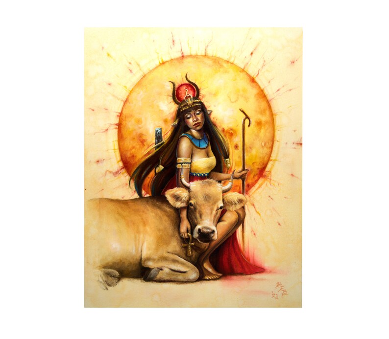 May include: A watercolor painting of a woman with long dark hair wearing a crown and a red dress, sitting with a brown cow. The background is a yellow sun with red rays.