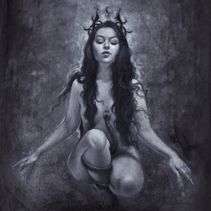 May include: A black and white drawing of a woman with long dark hair wearing a crown with a crescent moon and a star. She is sitting with her legs crossed and a snake wrapped around her legs.