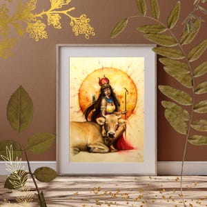 May include: A watercolor painting of a woman with dark hair and a golden crown, wearing a red dress and holding a staff. She is sitting with a brown cow in front of a large, bright yellow sun.