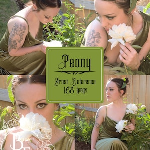 Op de afbeelding: Een vrouw in een groene fluwelen jurk houdt witte pioenrozen vast. De afbeelding bevat een groen vierkant met het woord "Peony" en de tekst "Artist Reference 168 jpegs". De achtergrond is een tuin.