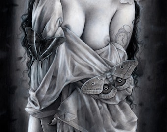 Chrysalis - Originales Gemälde - Dark Gothic Emotive Metamorphose Motte Schmetterling Kunst von Brynn Elizabeth