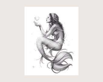 Lovelorn Mermaid - Art Print - Graphite Mermaid Fantasy Art Love Illustration by Brynn Elizabeth