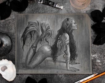 Rain - Original Mermaid Art - Dark Gothic Mermay Illustration by Brynn Elizabeth