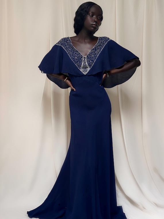 Vintage 1940's Beaded Navy Crepe Rayon Gown | Old Hollywood Evening Bias Cut Dress