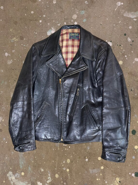 Vintage 1940s Black Top Notch Steer Hide Leather Jacket 