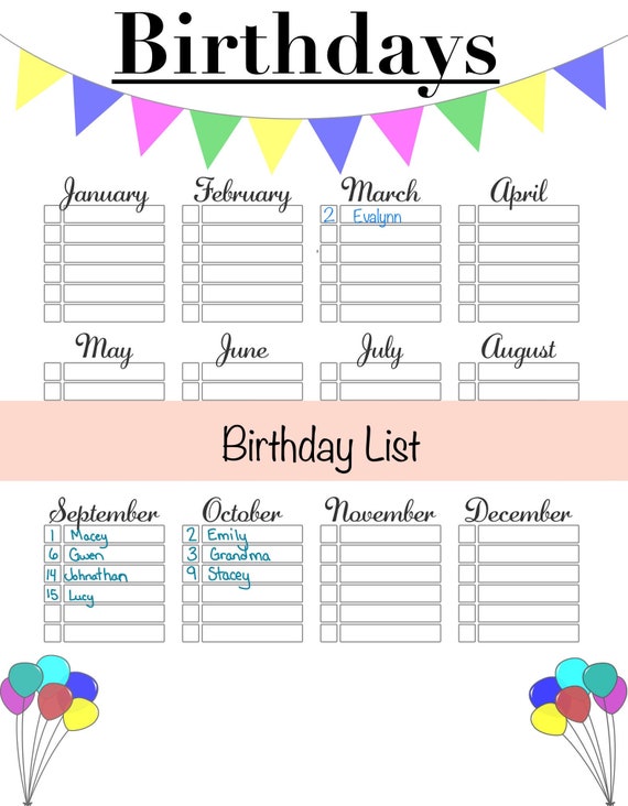 Birthday List DIGITAL DOWNLOAD Year Of Birthdays PDF Etsy birthday-list-digital-download-year-of-birthdays-pdf-etsy