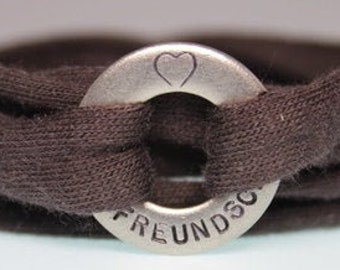 Hand-stamped wrap bracelet with name or saying jersey ribbon brown or other color