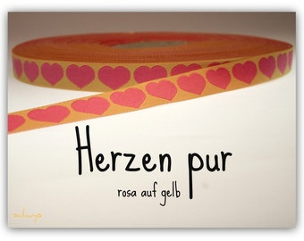 2 Meter Webband "Herzen pur" rosa auf gelb (1,20 Euro/m)