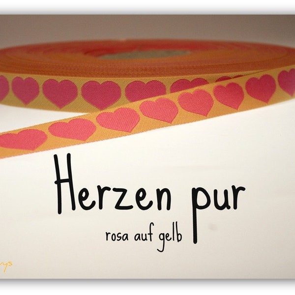 2 Meter Webband "Herzen pur" rosa auf gelb (1,20 Euro/m)