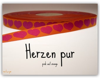 2 mètres bande web « Coeur pur » rose sur orange (1,20 Euro/mètre)