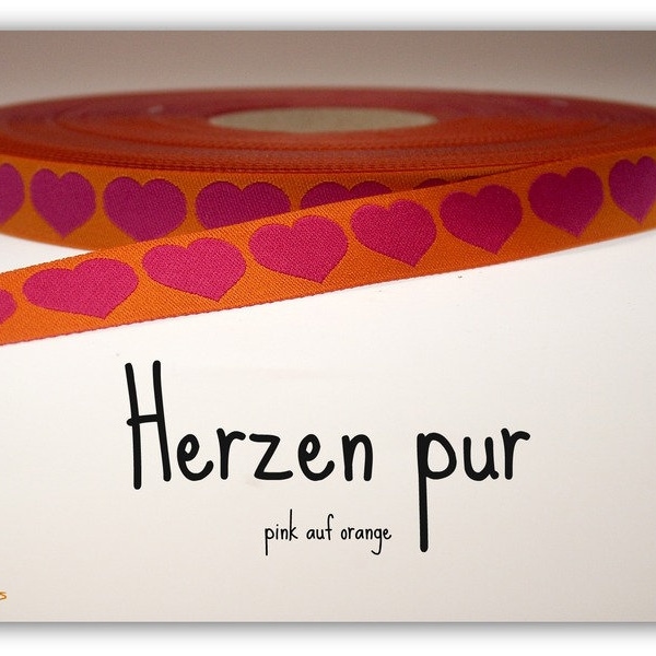 2 Meter Webband "Herzen pur" pink auf orange (1,20 Euro/m)