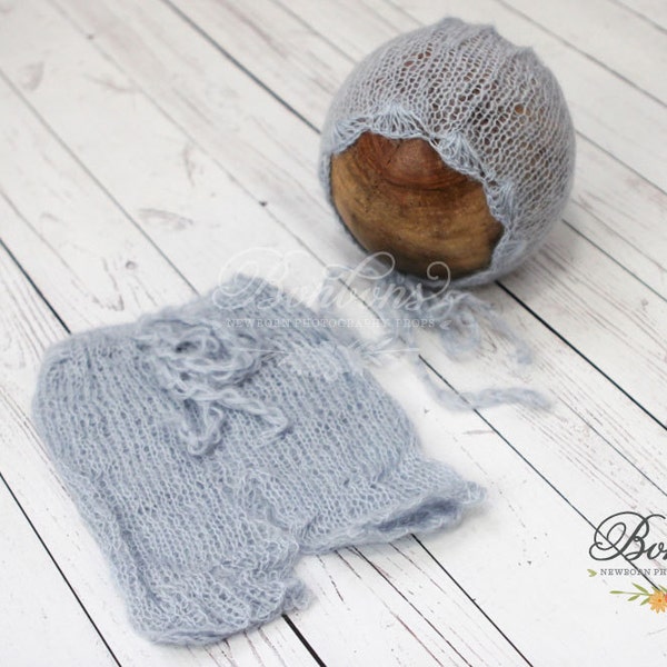 NEWBORN PHOTO OUTFIT, Newborn Pants Set, Knit Pants Set, Mohair Bonnet, Newborn Headband, Photography Props, Newborn Props, Dusty Blue