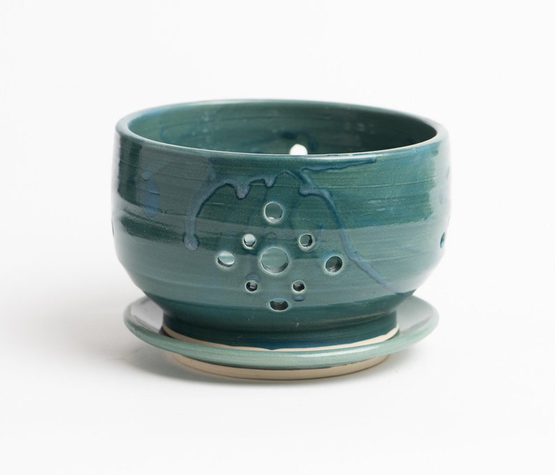 Berry Bowl, strainer or colander with saucer Peacock blue