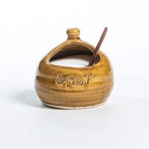 Salt Jar, salt cellar, salt pig, salt pot large opening for pinching Gold