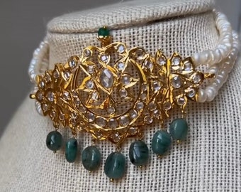 Emerald and pearls choker | guluband | natural emeralds | fresh water pearls | Hyderabadi jadau set | chand Bali | Maira set