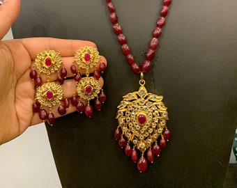 natural rubies mala pendant gold plated on silver pendant necklace set jadau Indian wedding jewelry Pakistani jewelry Hyderabadi jewelry