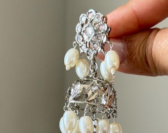 Jadau Silver Pearl Jhumkas – Extra Long Pakistani Earrings, Bridal Indian Wedding Jewelry Gift for Her Eid Earrings Traditional Ethnic Eid