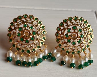 Emerald Pearl Jadau Earrings Hyderabadi Stud Earrings Indian Pakistani Jewelry Gold Plated Silver Tops Bridal Wedding Jewelry Gift for her