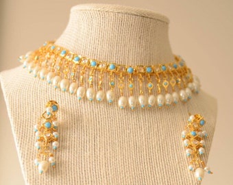 Fizza gold plated firoza set with pearls and turquoise/ Indian bracelets/ Indian bangles/ turquoise choker/ polki necklace