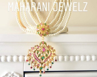 Navratan 21k gold plated on silver jadau rani haar | multi layer pearl necklace | Indian bridal Jewelry set |Pakistani  Hyderabadi jewellery